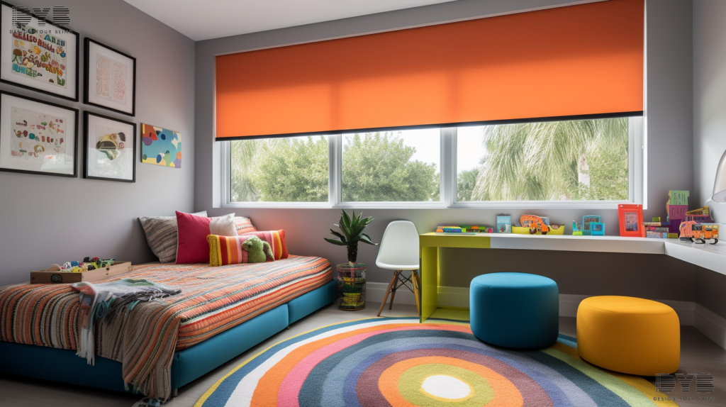 A modern kids' bedroom in Boca Raton, FL, with a large window showcasing a set of Solar Shades, partially closed, allowing for a controlled amount of natural light to illuminate the space. The room is designed in an Urban Modern style with furniture from Williams Sonoma, including a vibrant, colorful rug and a playful and colorful beanbag chair.