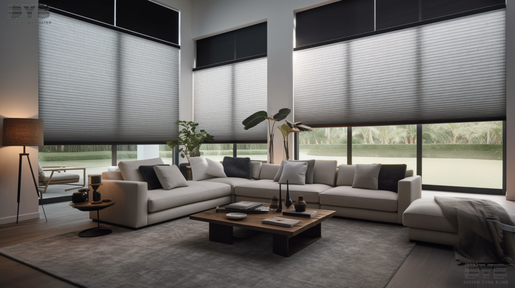 Motorized Hunter Douglas Honeycomb Shades in a modern living room in Highland Beach, FL