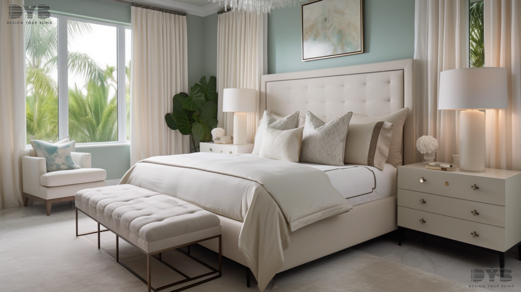 A bedroom in Delray Beach, FL, with a set of partially closed motorized Roller Shades, showcasing a view of the canals.