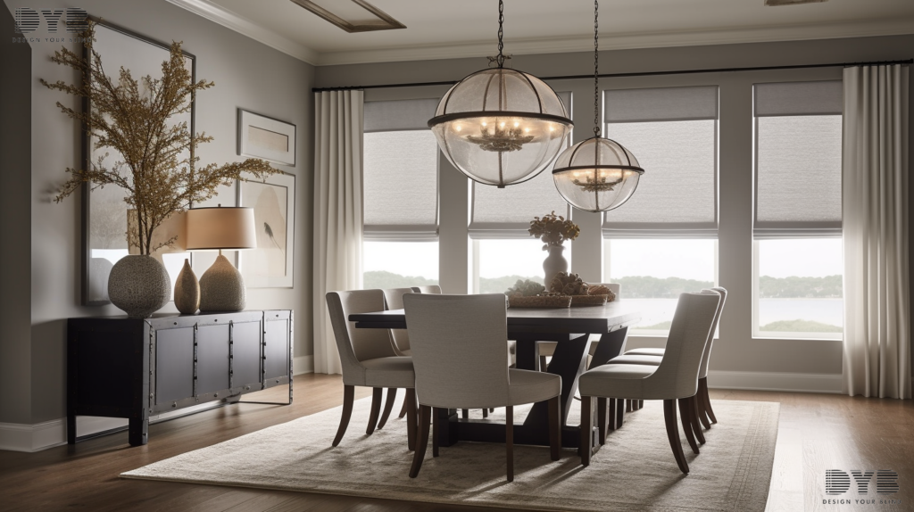 A dining room in Delray Beach, FL, with a set of motorized Roller Shades, showcasing a view of the Intercoastal Waterway.