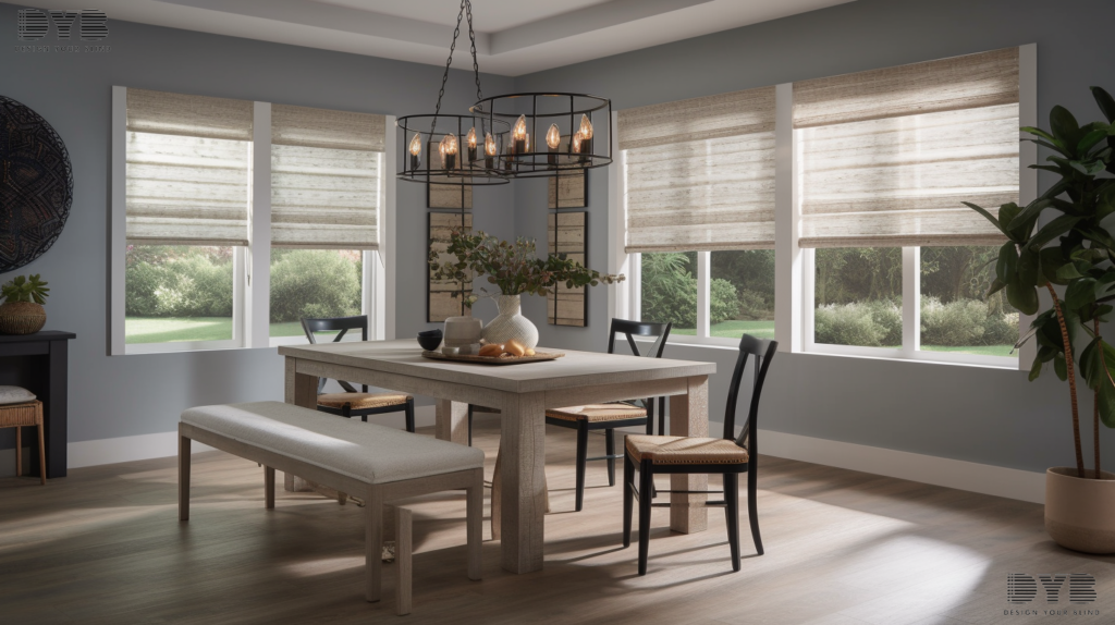 A casual dining room in Delray Beach, FL, showcasing partially closed motorized Roller Shades with a garden view.