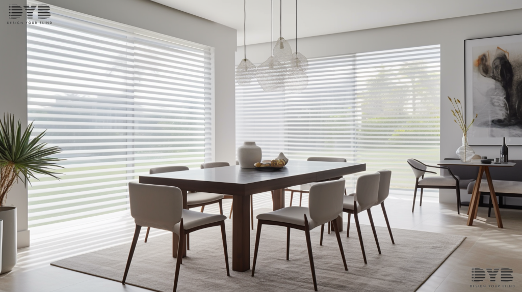 A minimalist dining room in Boca Raton, FL, with a large window showcasing a set of Solar Shades, partially closed, allowing for a soft, diffused light to filter through, creating a calming and peaceful atmosphere. The room is decorated in a minimalist style with furniture from Williams Sonoma, including a sleek and modern dining table and chairs with a white marble countertop.