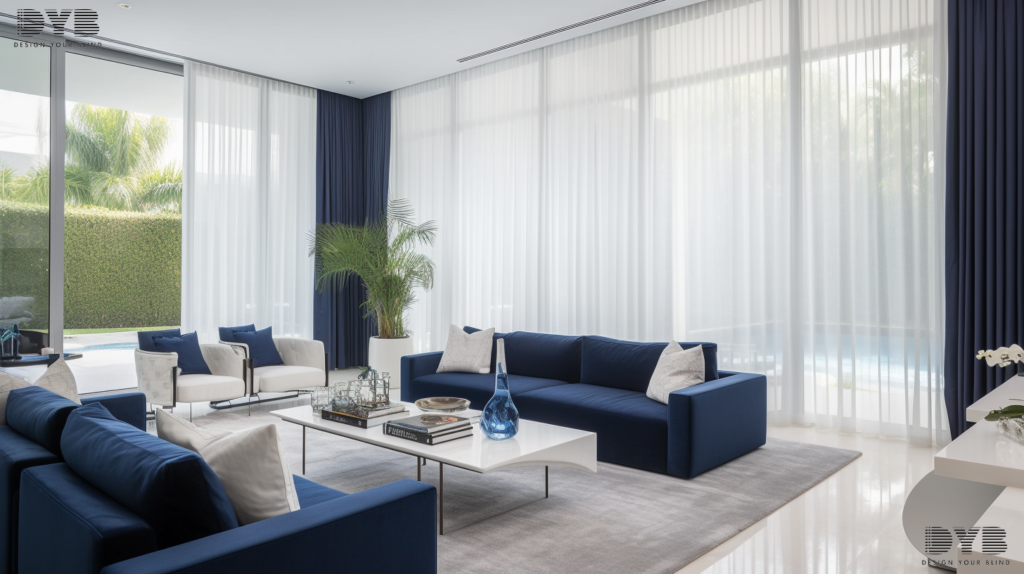 Motorized ripplefold curtains in a Boca Raton living room, adding a touch of luxury and convenience