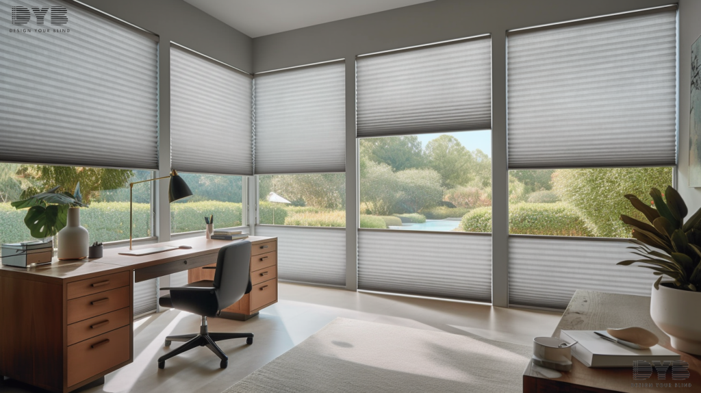 A Boynton Beach home office with Honeycomb Shades, a modern sculpture, and a lake view.