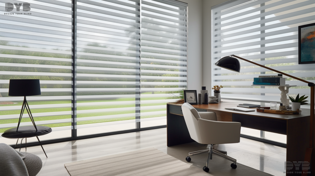 Modern home office in Delray Beach with Cellular Shades, featuring a lake view and a sleek white desk.
