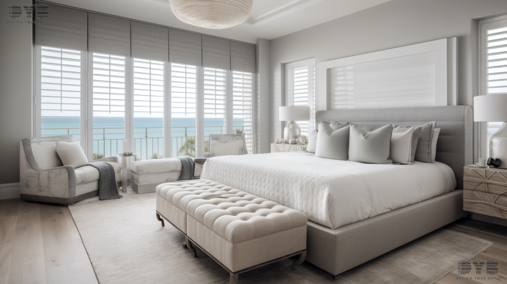 Coastal master bedroom in Delray Beach with Cellular Shades, overlooking the ocean.