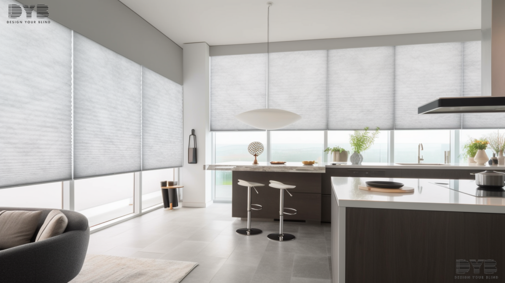 Honeycomb shades in a modern kitchen, West Palm Beach, FL.
