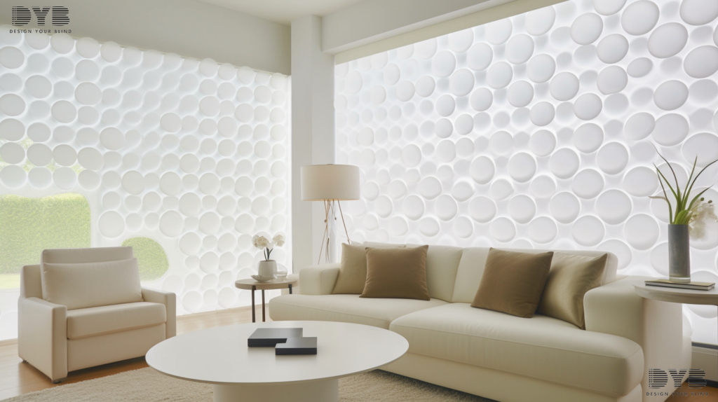 A window with a honeycomb shade in a modern living room, West Palm Beach, FL.
