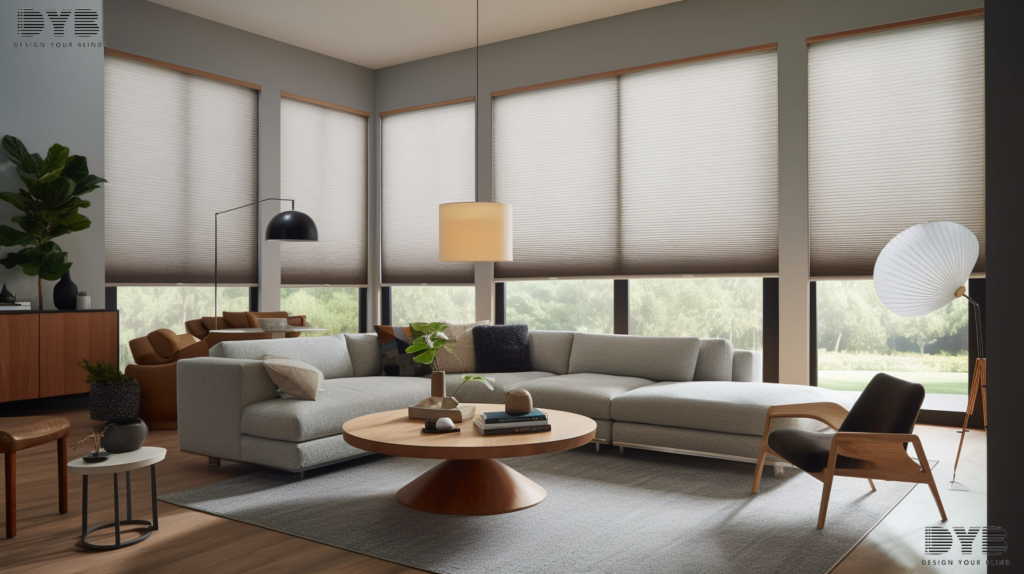 Honeycomb shades in a contemporary living room, West Palm Beach, FL.