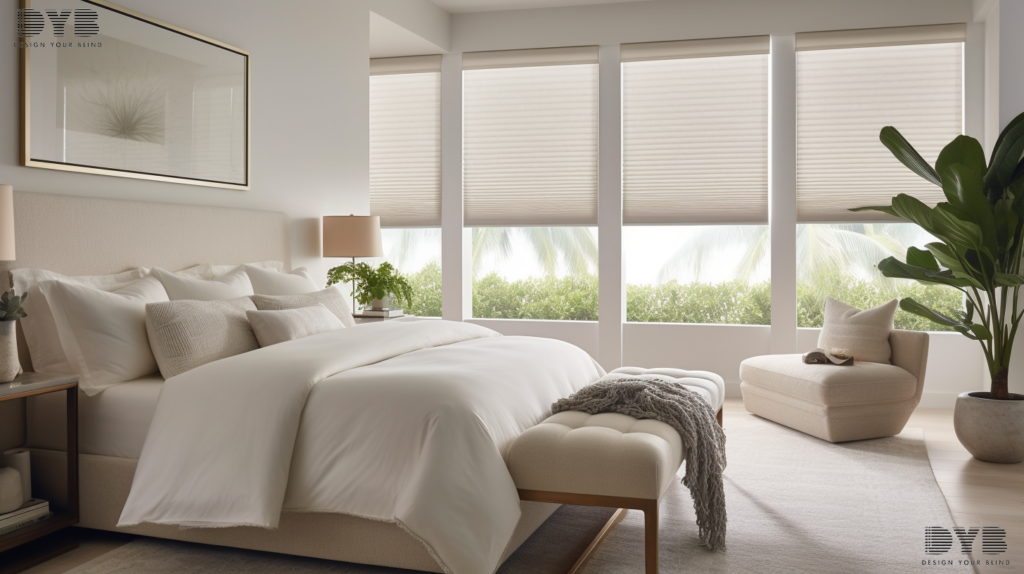 Motorized honeycomb shades in a contemporary bedroom, West Palm Beach, FL.