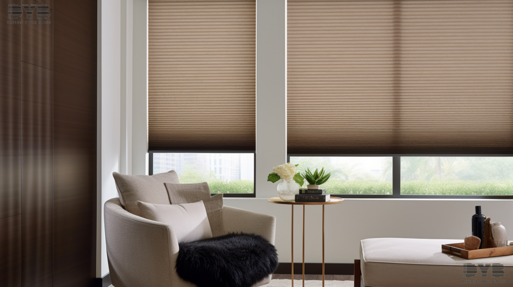 Motorized honeycomb shades in a transitional living room, West Palm Beach, FL.