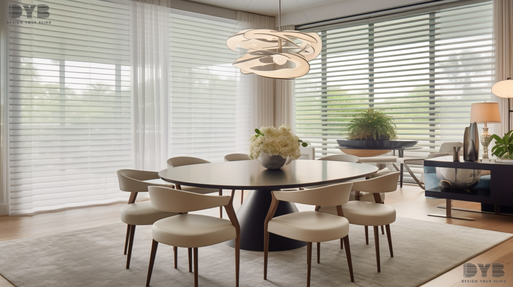 A dining room in Parkland, Florida, with motorized Hunter Douglas Silhouette Shades, creating a peaceful ambiance.
