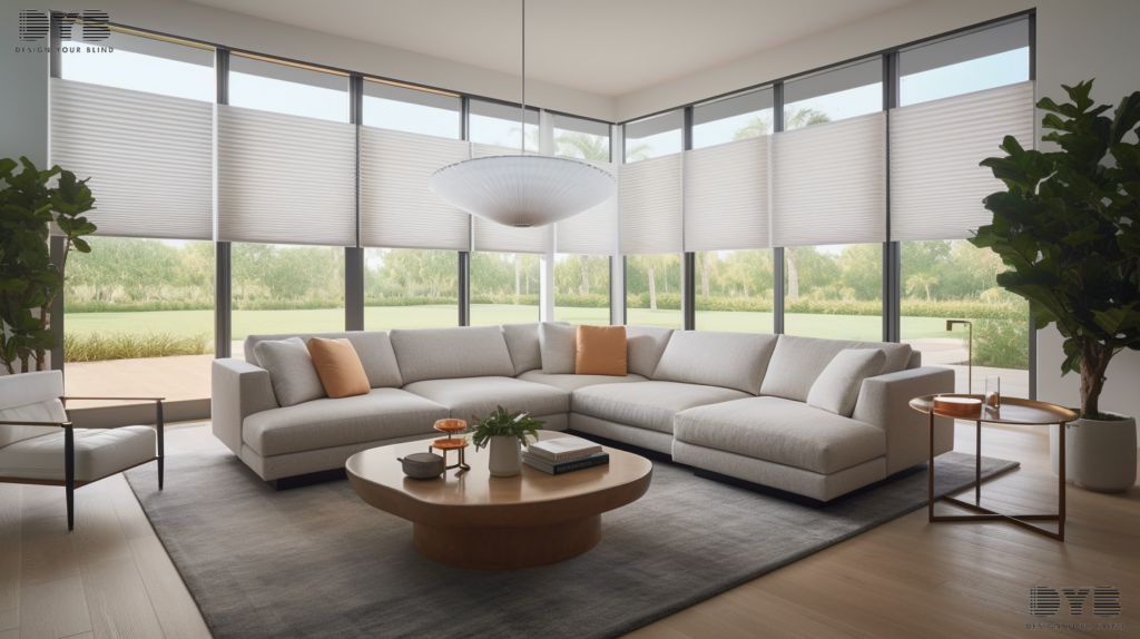 A modern living room with Hunter Douglas Honeycomb Shades in Parkland, Florida.