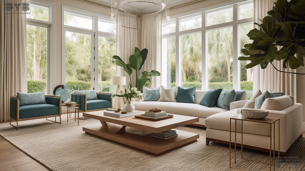A Boynton Beach home office with Pirouette Shades, a modern desk, and a view of the Intercoastal Waterway.