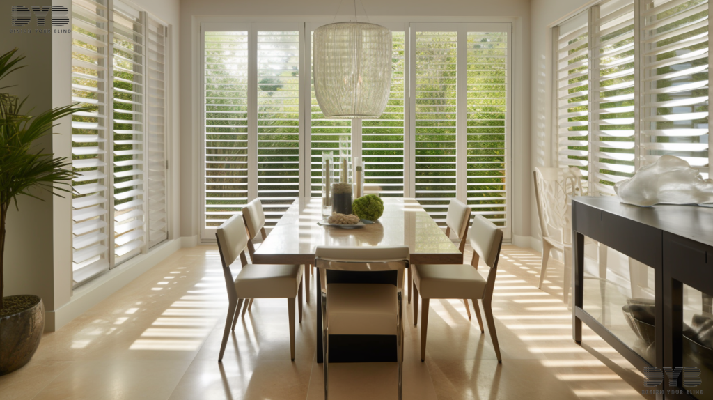 Plantation Shutters in a Boca Raton dining room with a contemporary interior design, offering a beautiful view of a backyard pool.
