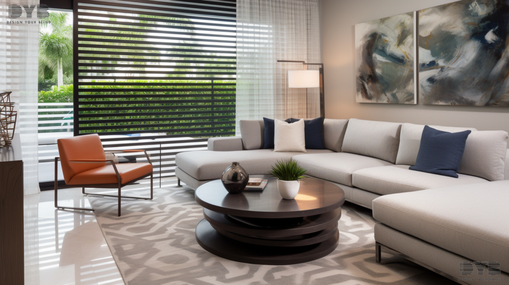 Plantation Shutters in a Boca Raton formal living room with an urban modern interior design, offering a view of a backyard pool.