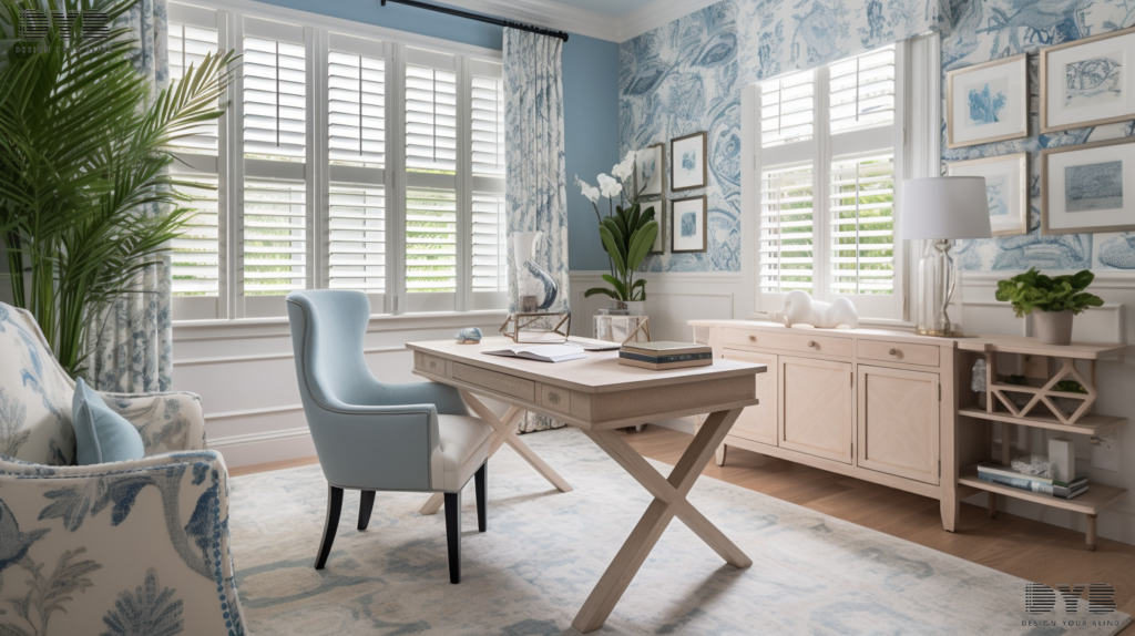 Plantation Shutters in a Boca Raton home office with a coastal interior design, offering a beautiful view of a garden.