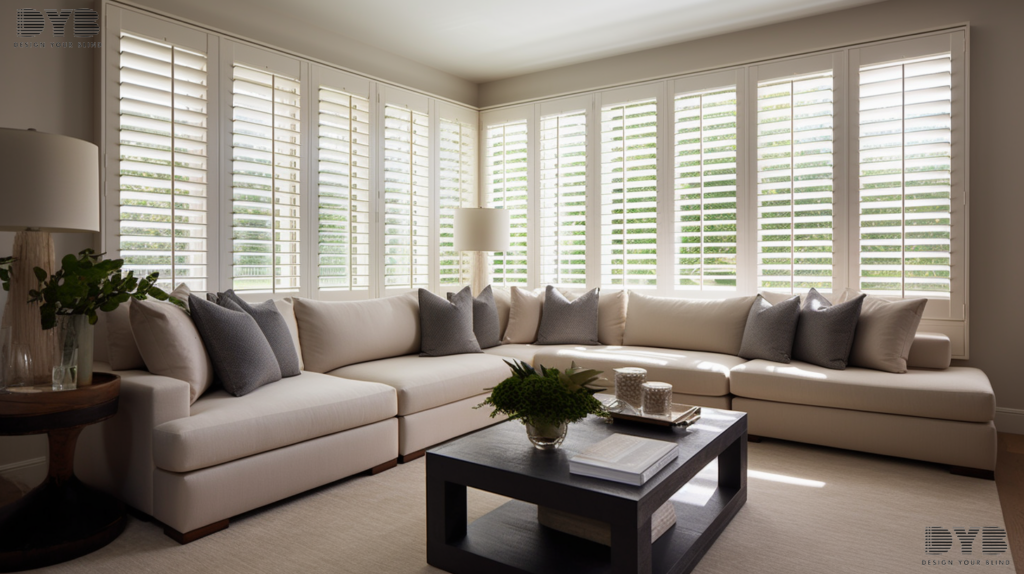 Plantation Shutters in a Boca Raton formal living room with a farmhouse modern interior design, casting soft shadows on the furniture.