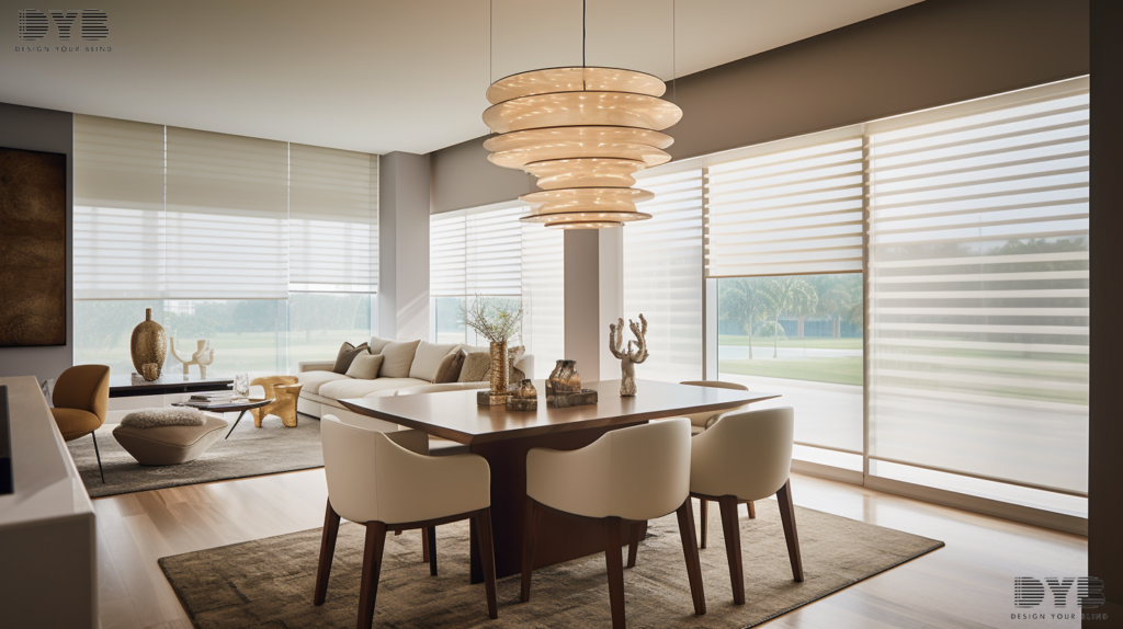 A Boynton Beach dining room featuring Screen Roller Shades, minimalist furniture, and a golf course view.
