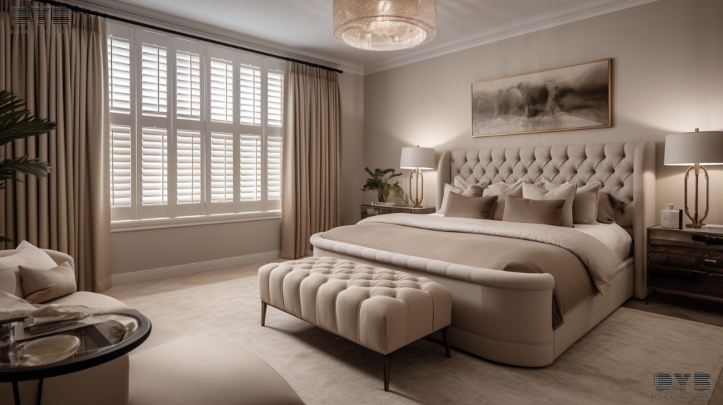 A luxurious bedroom in Boca Raton, Florida, with pinch pleat curtains adding a touch of elegance.