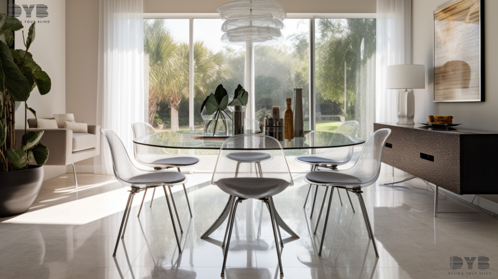 A modern dining room in Boca Raton, Florida, with a set of Cellular Shades on a large window overlooking a golf course.
