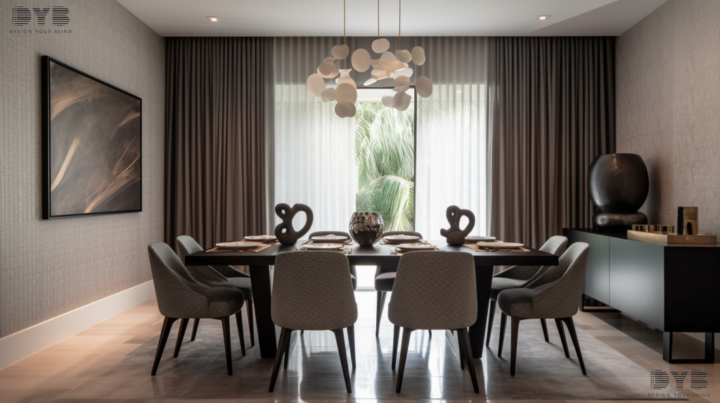 A modern dining room in Boca Raton, Florida, with pinch pleat curtains adding a contemporary touch to the space.