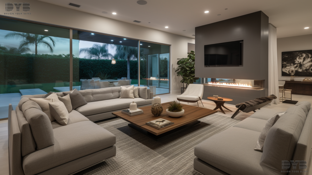 A family room in Boca Raton, Florida, featuring Roller Shades on a window overlooking a backyard.