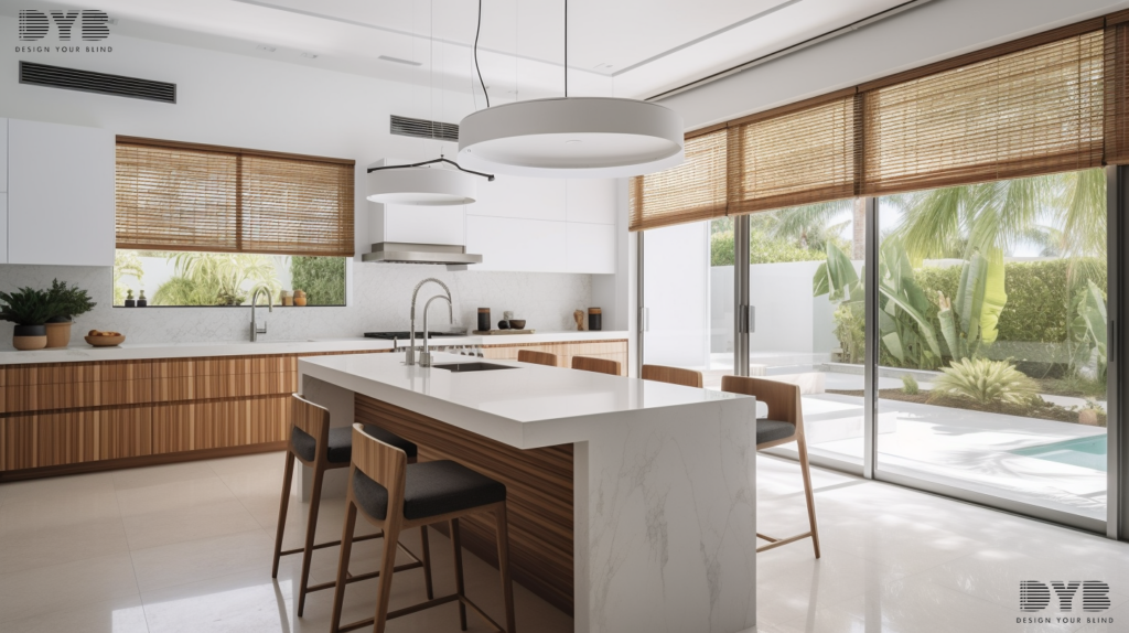 A modern kitchen in Boca Raton, Florida, featuring Woven Wood Shades on a window overlooking a backyard.