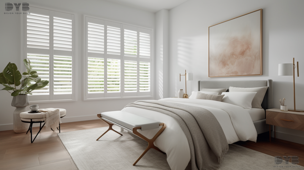 A modern living room in Boca Raton, Florida, with pinch pleat curtains framing a view of the ocean.