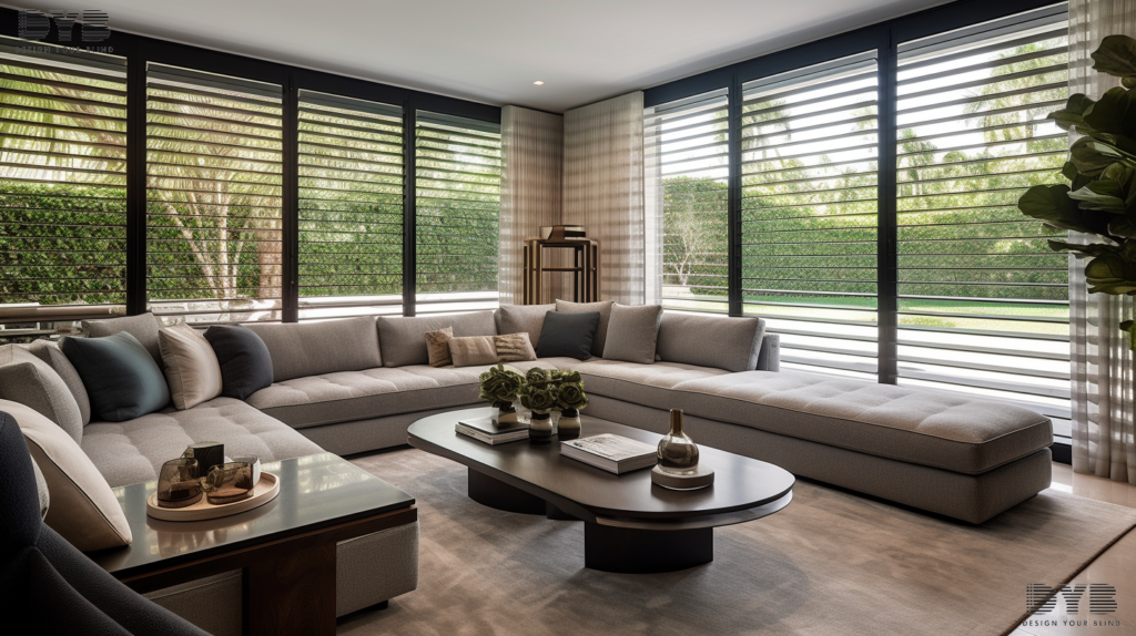 A formal living room in Boca Raton, Florida, featuring Pirouette Shades on a window overlooking a backyard.