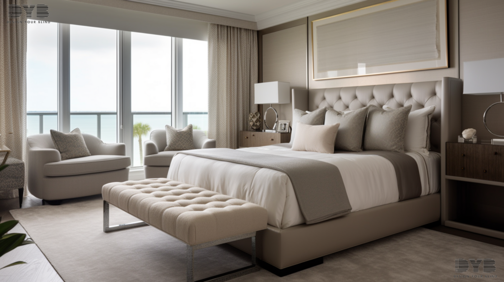 A master bedroom in Boca Raton, Florida, featuring Solar Roller Shades on a window overlooking the ocean.
