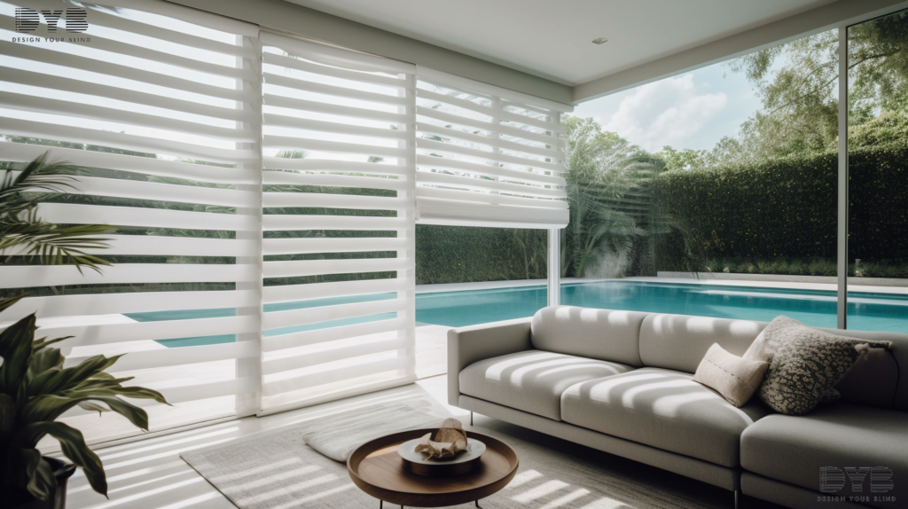 A close-up view of a window in West Palm Beach, FL with Pirouette Shades, overlooking a backyard with a pool.