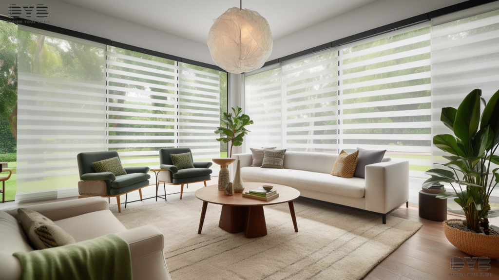A farmhouse modern Family Room in Delray Beach, FL with Zebra Shades, partially closed, overlooking a lush backyard.