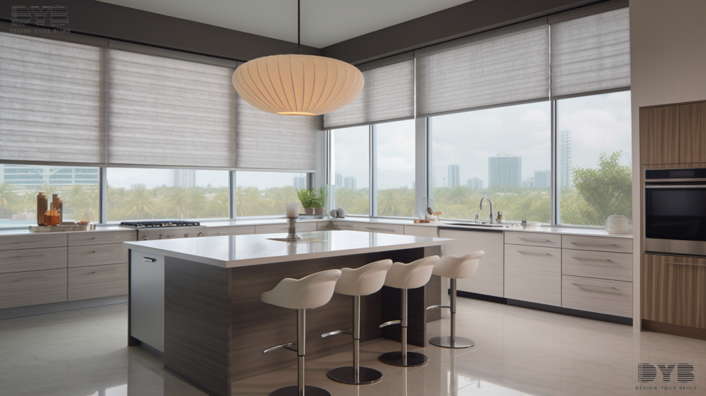 A modern kitchen in Delray Beach, FL with Honeycomb Shades, partially closed, overlooking a golf course.