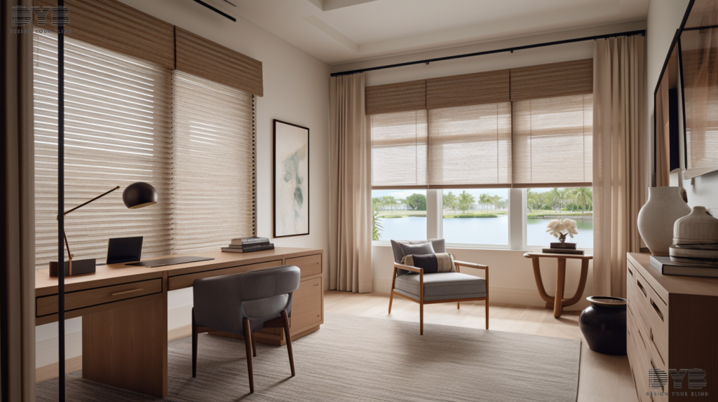 A transitional home office in Delray Beach, FL with Woven Wood Shades, partially closed, overlooking a lake.