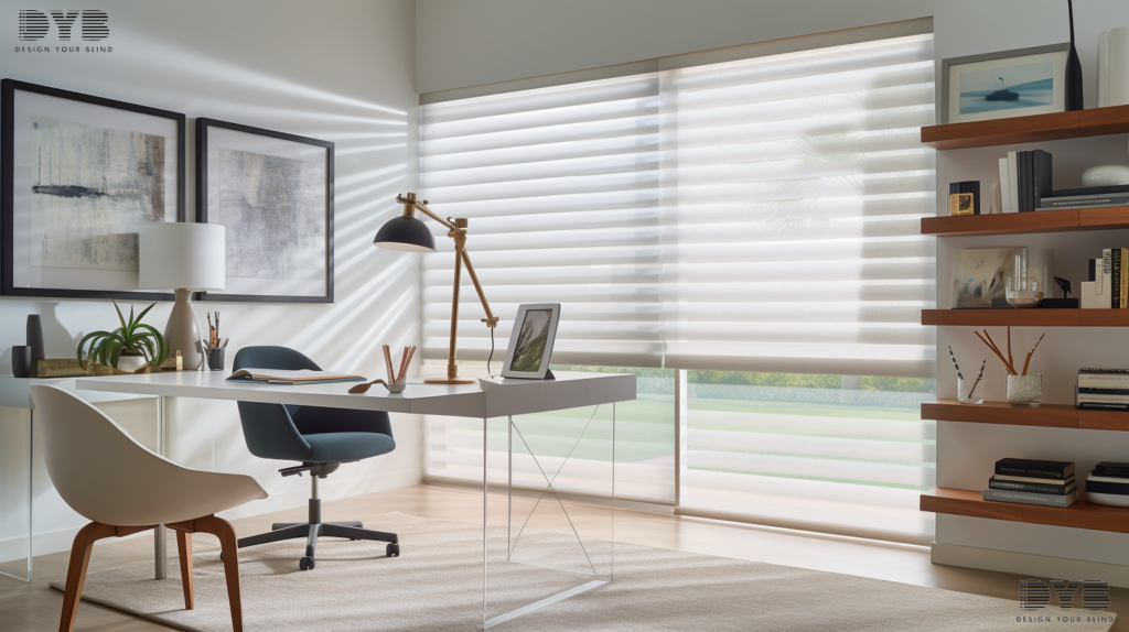 A modern home office in West Palm Beach, FL with Solar Roller Shades overlooking a canal.