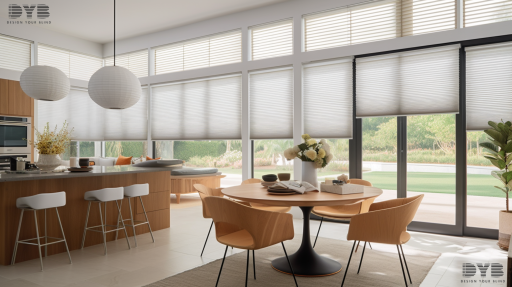 Urban modern dining room in Delray Beach, FL with Honeycomb Shades, partially closed, overlooking the backyard.