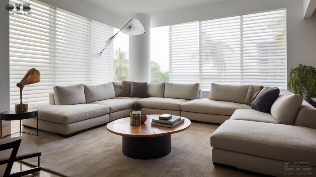 Honeycomb shades in a modern living room in West Palm Beach, FL, overlooking a canal.