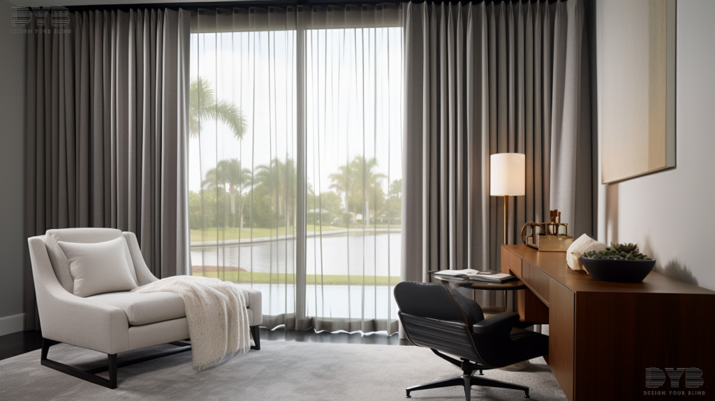 Blackout curtains in a contemporary home office with canal views in Palm Beach Gardens, FL.