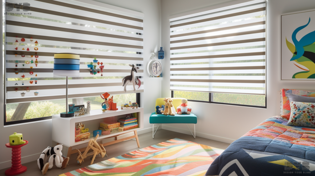 Zebra Shades in a contemporary kids bedroom with pool views in Palm Beach Gardens, FL.