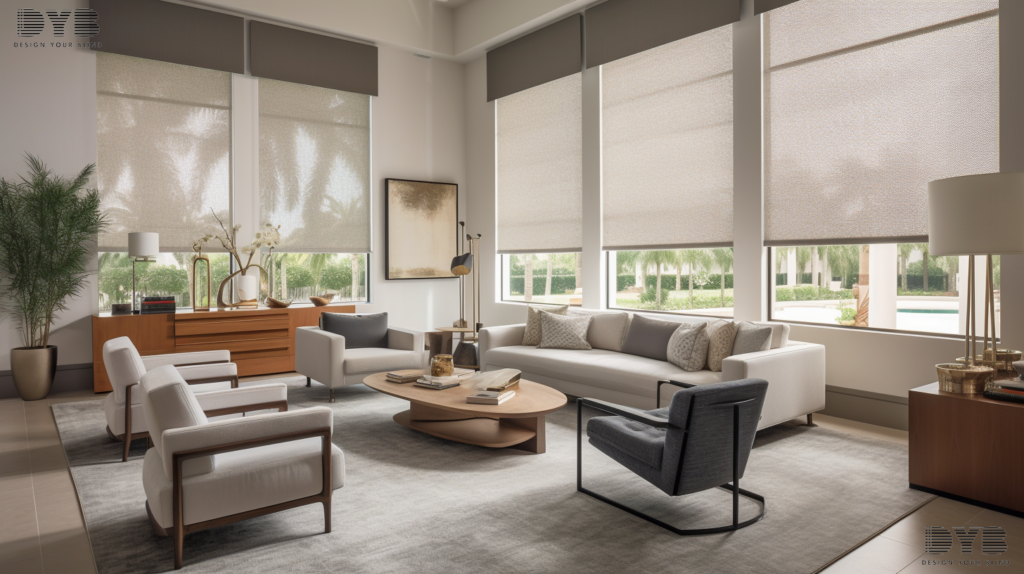 Roller Shades in a contemporary living room with lake views in Palm Beach Gardens, FL.