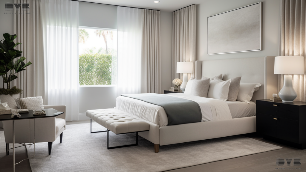 Sheer curtains in a minimalist master bedroom with Intercoastal Waterway views in Palm Beach Gardens, FL.