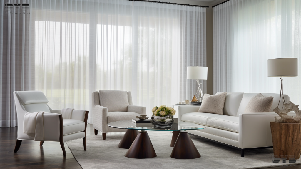 A transitional living room in Delray Beach, FL with Sheer Curtains, partially closed, overlooking a lake.