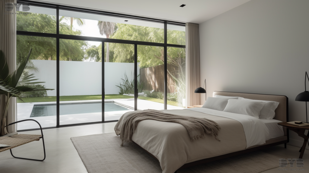 A minimalist bedroom in West Palm Beach, FL with Screen Roller Shades, overlooking a backyard with a pool.