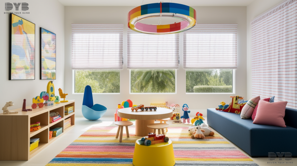 A vibrant playroom in West Palm Beach, FL featuring a large window overlooking a serene lake with blue Roller Shades.