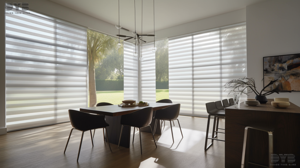 A Casual Dining Room in West Palm Beach, FL, with Contemporary design, featuring a sleek dining table and chairs from Williams Sonoma and fully closed Solar Roller Shades, offering a view of a lush garden.