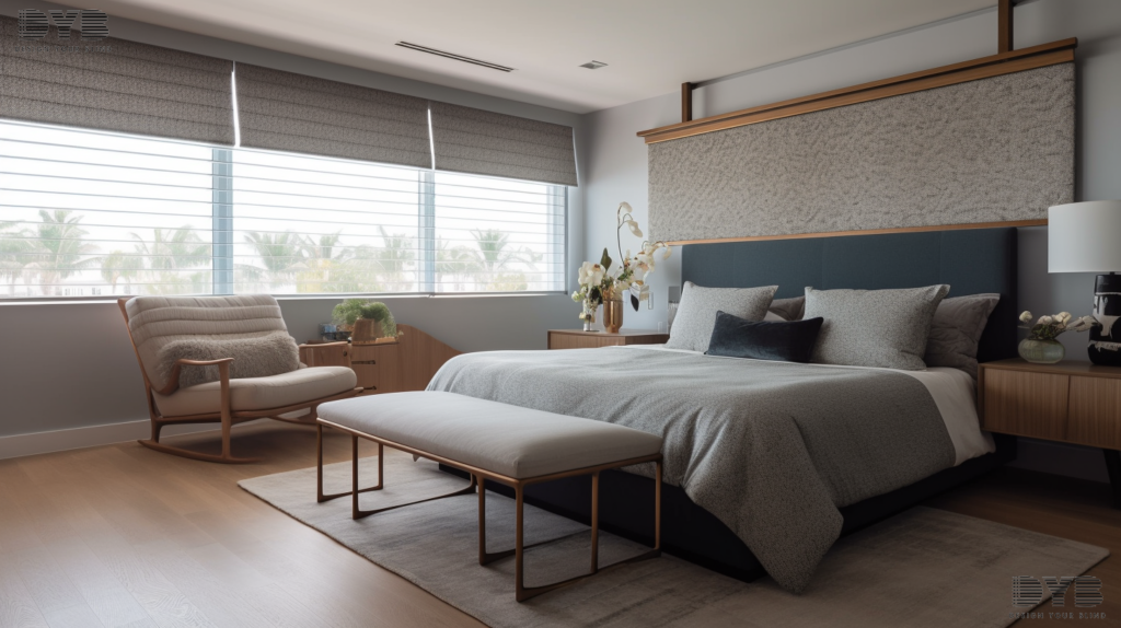 A bedroom with blackout roller shades in Highland Beach, Florida.