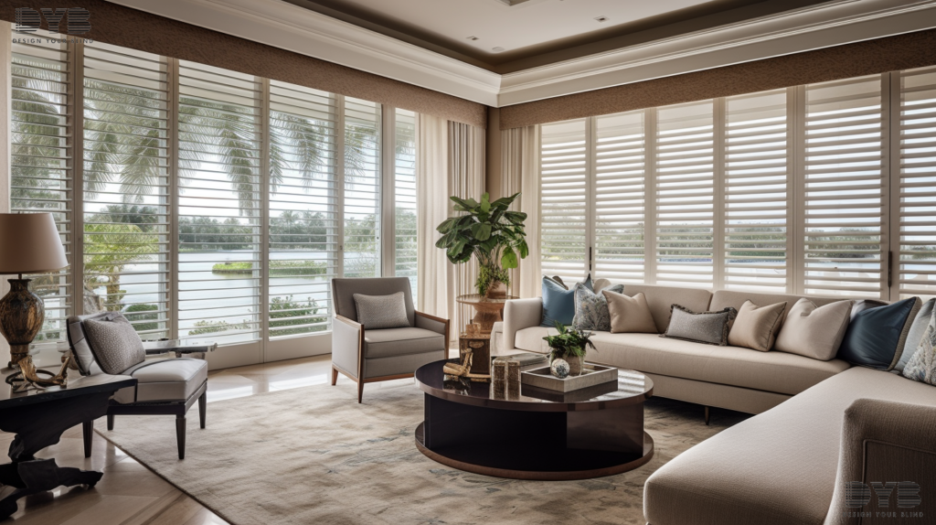 A sophisticated formal living room in Palm Beach Gardens, FL, featuring Baker Furniture and Silhouette Shades overlooking the ocean. The room is decorated in a coastal style.
