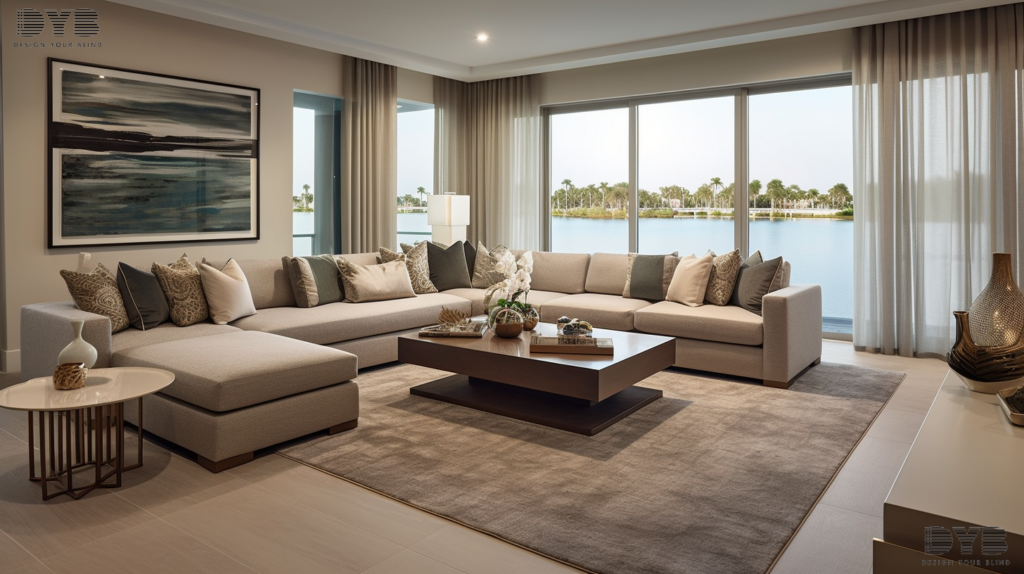 A spacious family room with a view of the Intercoastal Waterway, decorated in a modern style with furniture from Bernhardt. The large windows are adorned with Solar Shades, partially closed, allowing for a soft, diffused light.