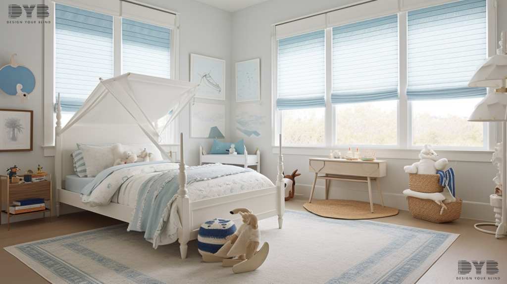 A bright and airy kids bedroom with a large window overlooking the ocean, decorated in a coastal style with furniture from Restoration Hardware (RH). The large windows are adorned with Solar Shades, partially closed, allowing for a soft, diffused light.